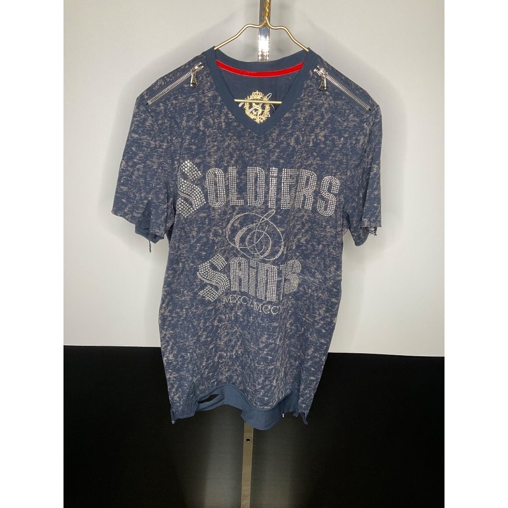 SOLDIERS & Saints Bling Graphic Tee Shirt in Blue Distressed Size Large